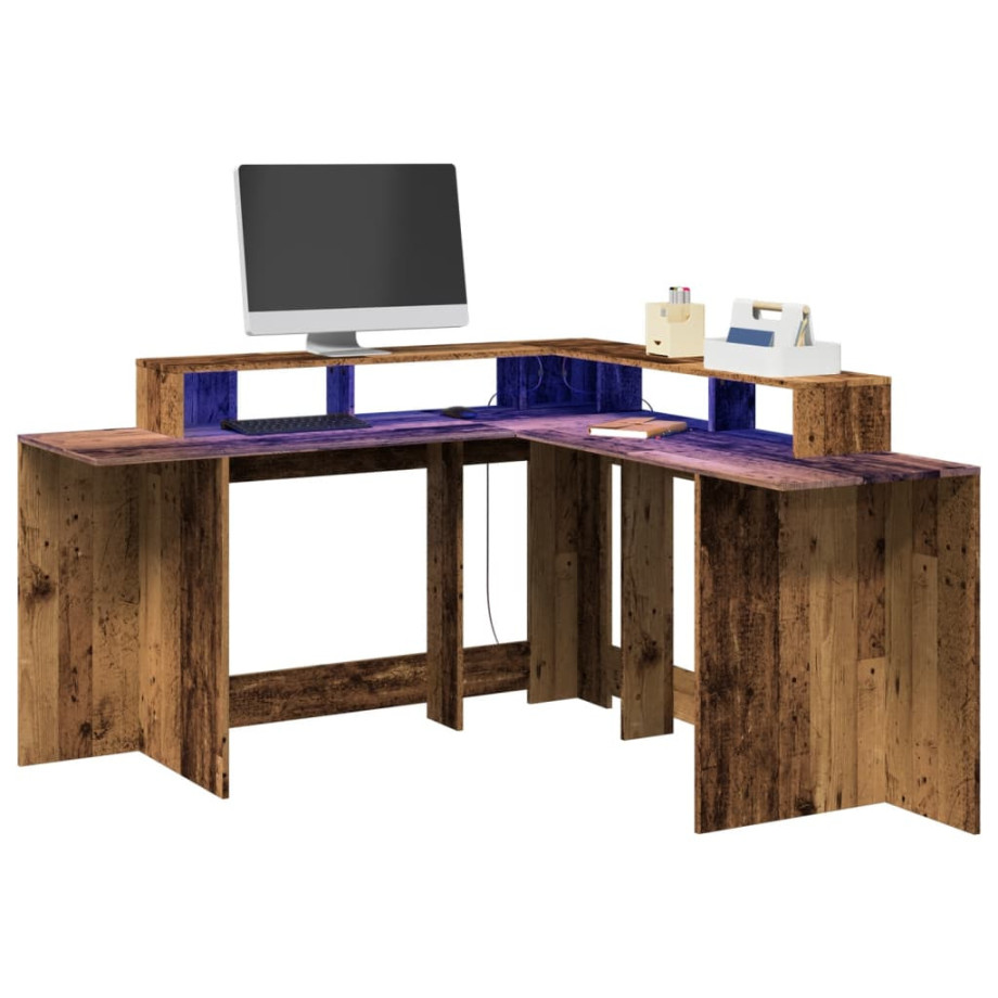 vidaXL Bureau met LED-verlichting 152x152x91 cm bewerkt hout oud hout afbeelding 1