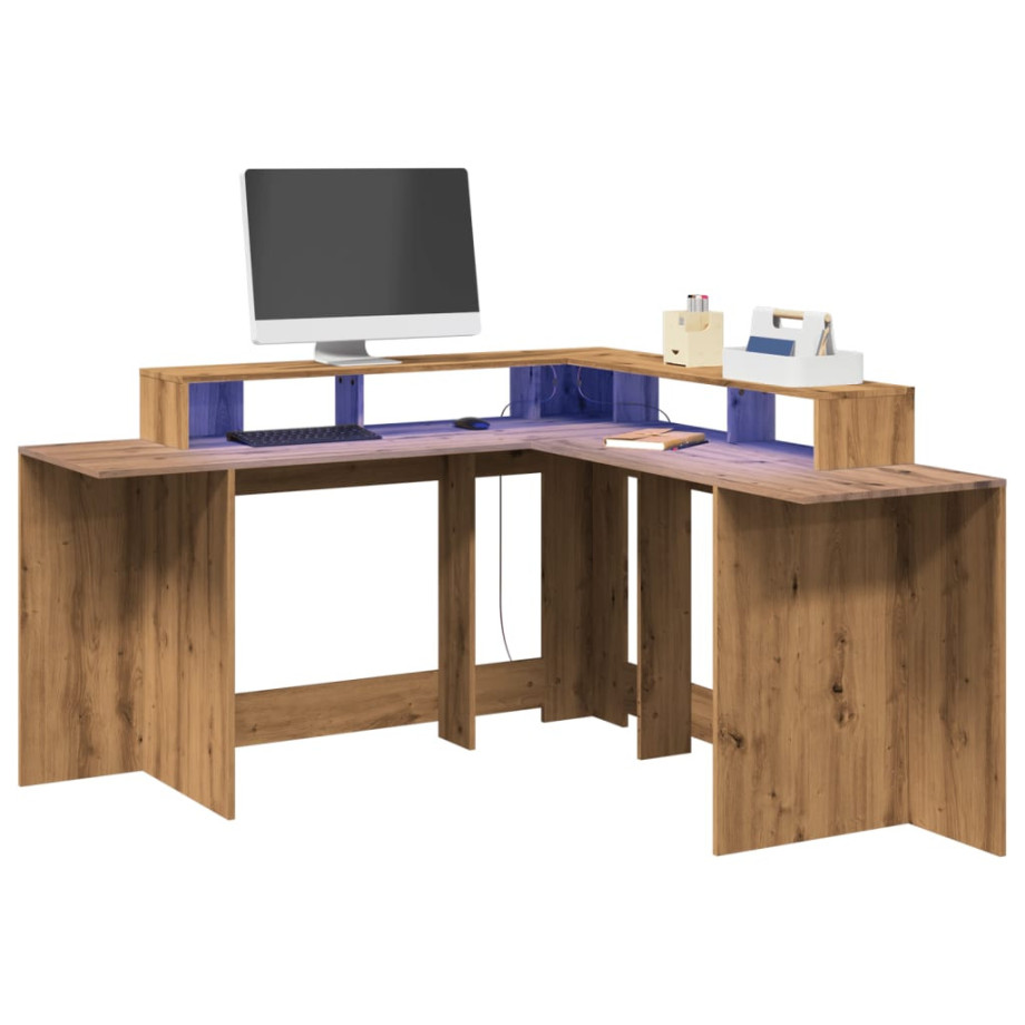 vidaXL Bureau met LED-verlichting 152x152x91 cm hout artisanaal eiken afbeelding 1