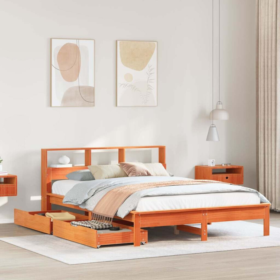 vidaXL Bed met boekenkast zonder matras grenenhout wasbruin 150x200 cm vidaXL Bed met boekenkast zonder matras grenenhout wasbruin 150x200 cm afbeelding 1