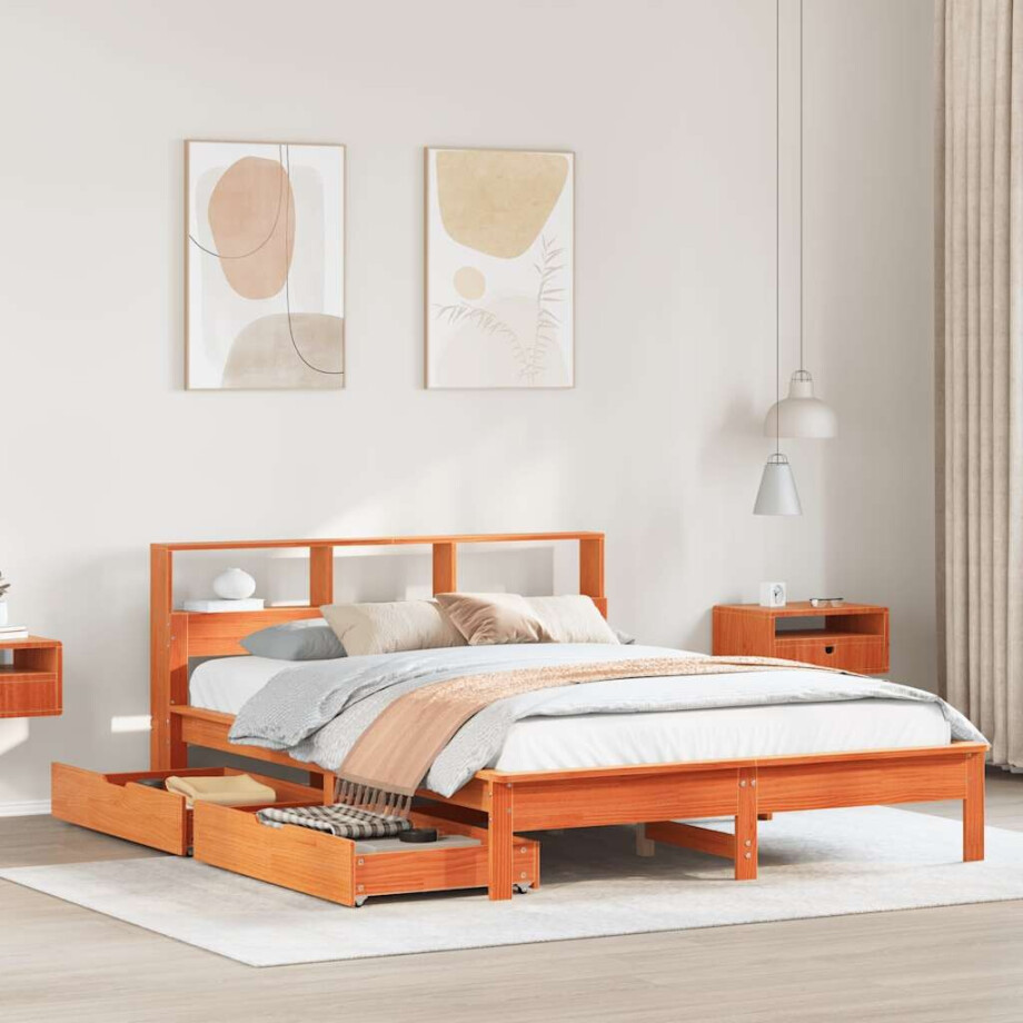 vidaXL Bed met boekenkast zonder matras grenenhout wasbruin 120x200 cm vidaXL Bed met boekenkast zonder matras grenenhout wasbruin 120x200 cm afbeelding 1