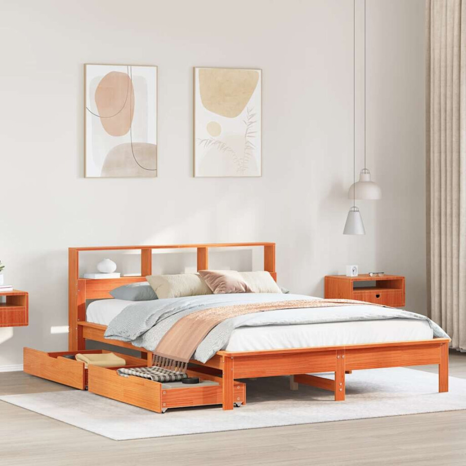 vidaXL Bed met boekenkast zonder matras grenenhout wasbruin 140x190 cm afbeelding 1