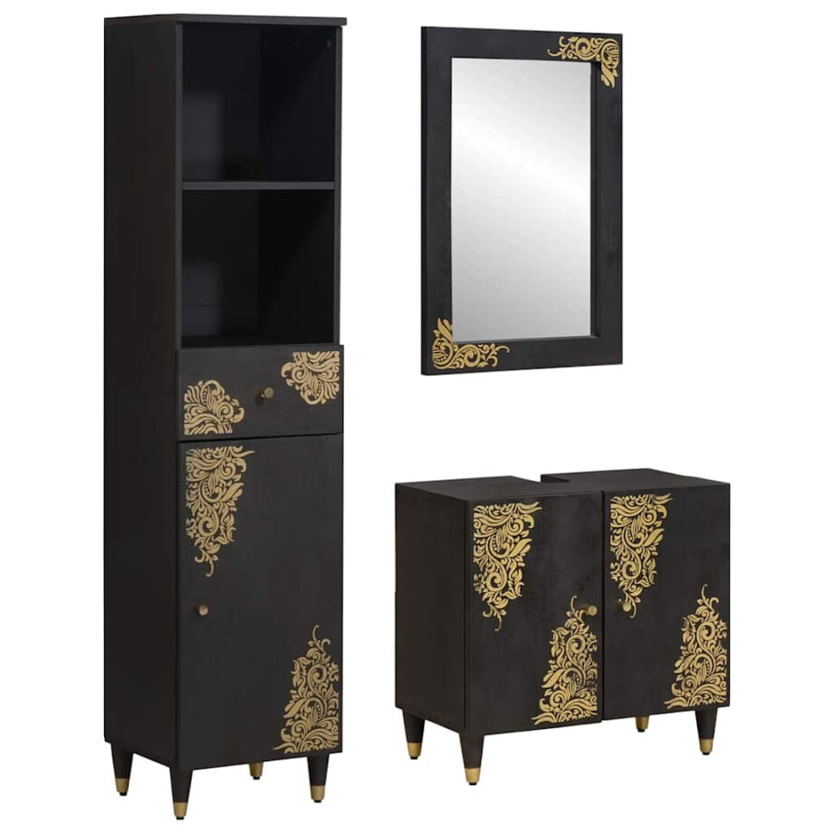 vidaXL Badkamerkastenset met lade 3 pcs Zwart Massief Mango Hout afbeelding 1