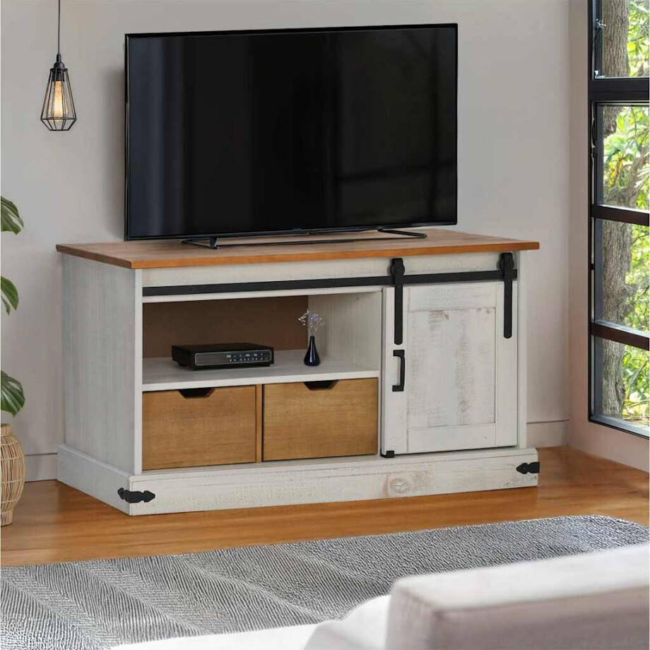 vidaXL Tv-meubel HALDEN met schuifdeur wit 110x40x60 cm massief hout afbeelding 1