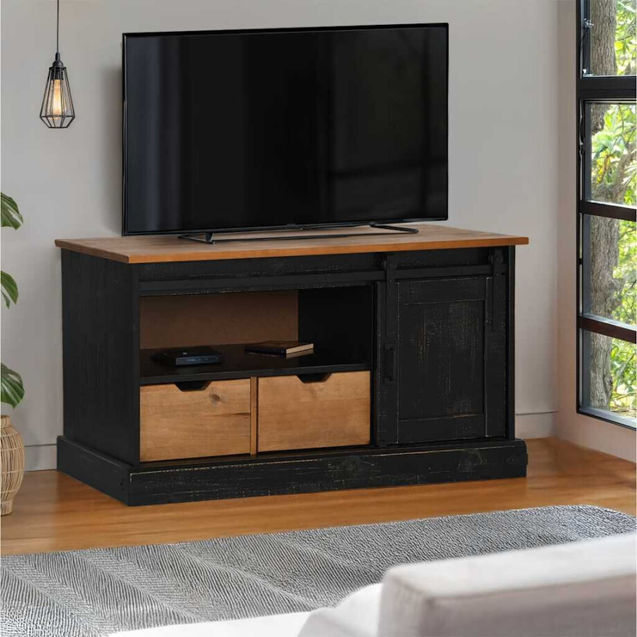 vidaXL Tv-meubel HALDEN met schuifdeur zwart 110x40x60 cm massief hout afbeelding 1