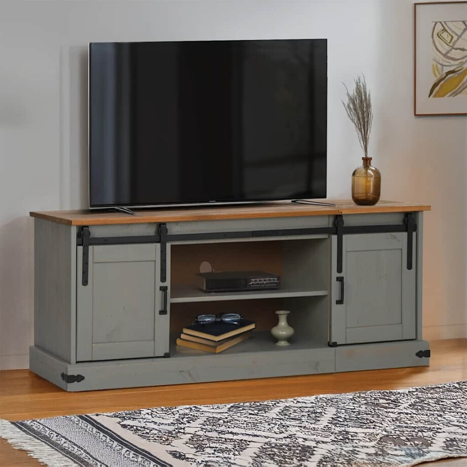 vidaXL Tv-meubel HALDEN 2 schuifdeuren 150x40x60 cm massief hout grijs vidaXL Tv-meubel HALDEN 2 schuifdeuren 150x40x60 cm massief hout grijs afbeelding 1