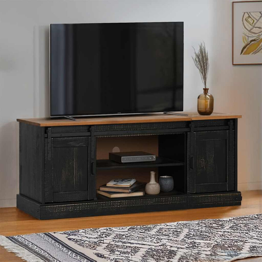 vidaXL Tv-meubel HALDEN 2 schuifdeuren 150x40x60 cm massief hout zwart afbeelding 1
