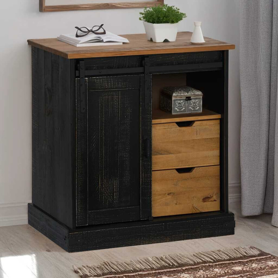 vidaXL Dressoir HALDEN schuifdeur zwart 80x40x80 cm massief hout grijs afbeelding 1