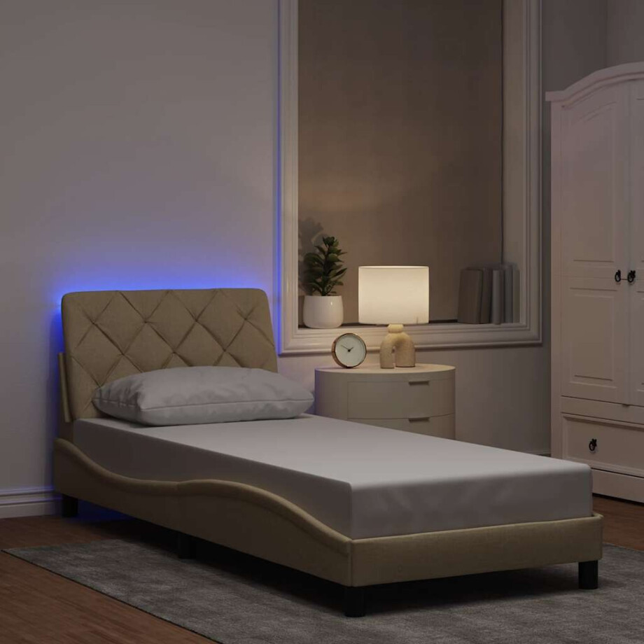 vidaXL Bedframe met LED zonder matras 90x190 cm stof crèmekleurig afbeelding 1