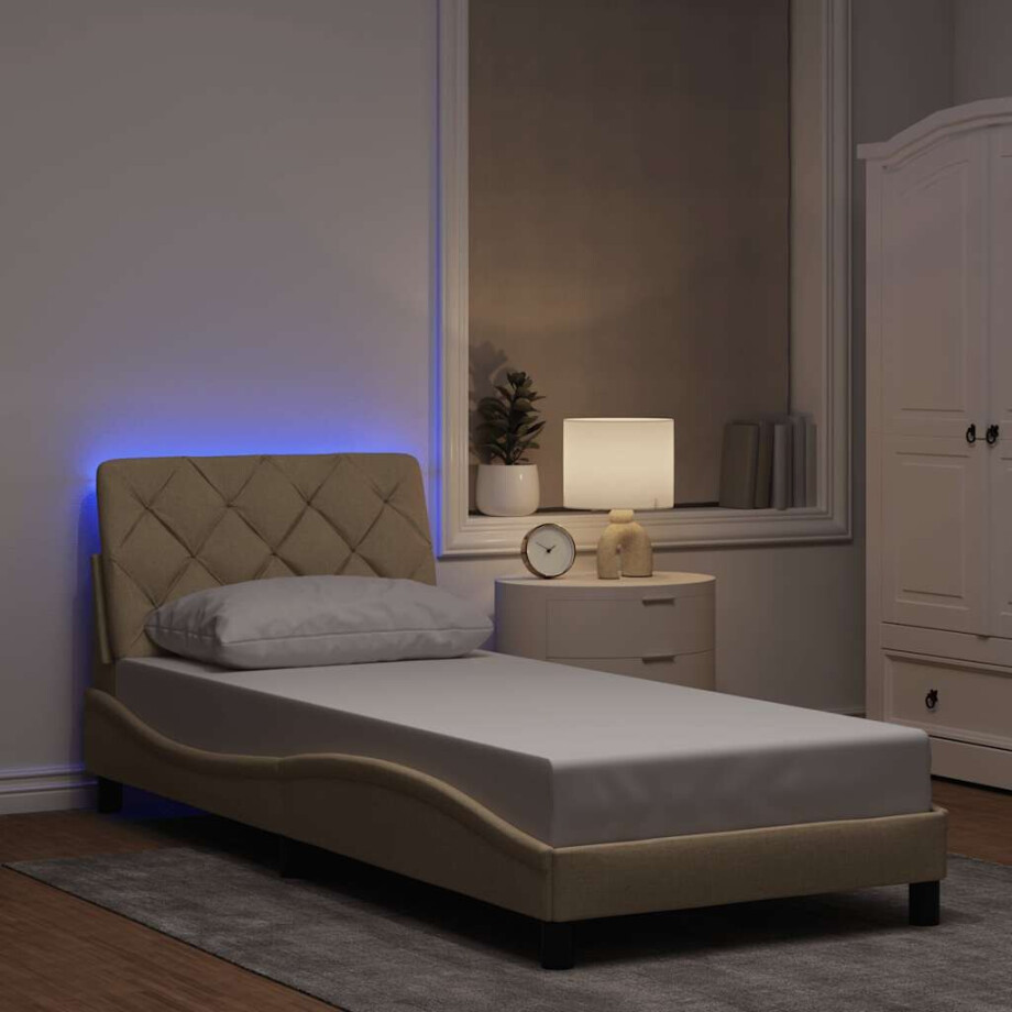vidaXL Bedframe met LED zonder matras 90x200 cm stof crèmekleurig afbeelding 1