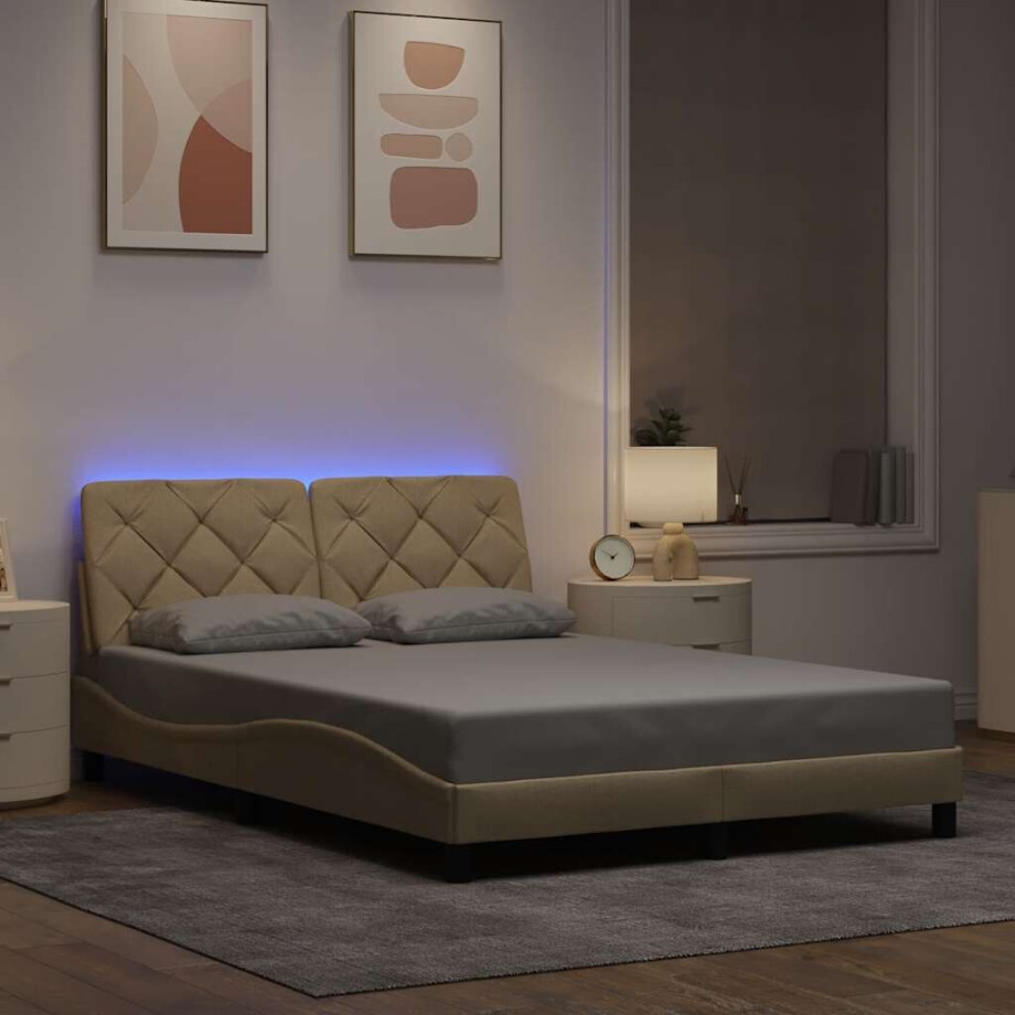 vidaXL Bedframe met LED zonder matras 140x190 cm stof crème afbeelding 1