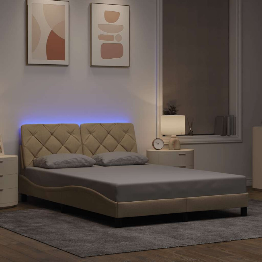vidaXL Bedframe met LED zonder matras 140x200 cm stof crème afbeelding 1