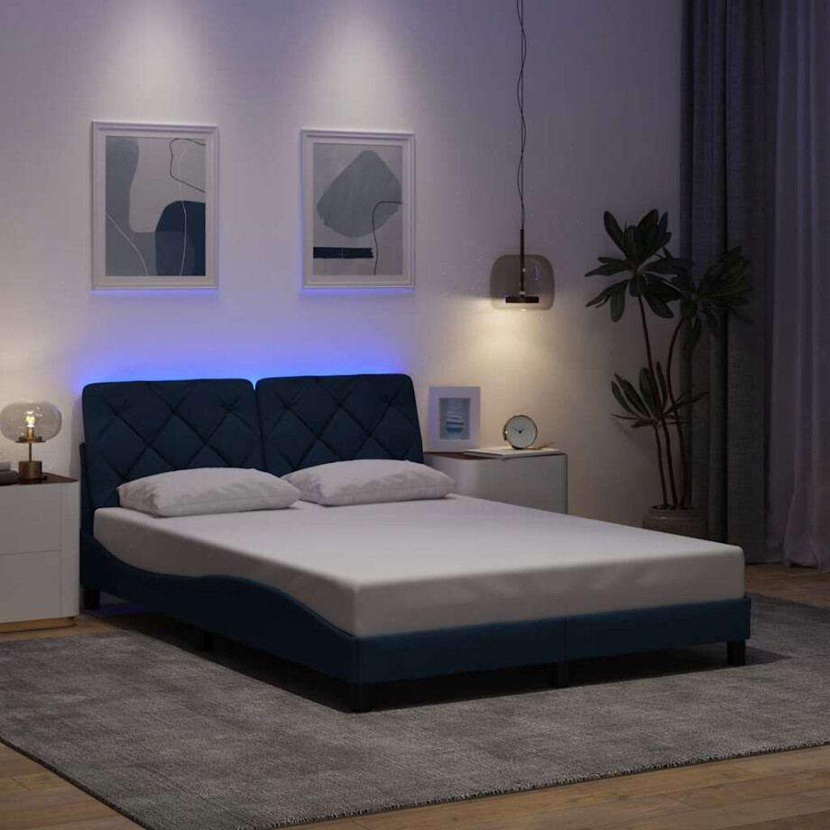 vidaXL Bedframe met LED zonder matras 140x200 cm stof blauw afbeelding 1