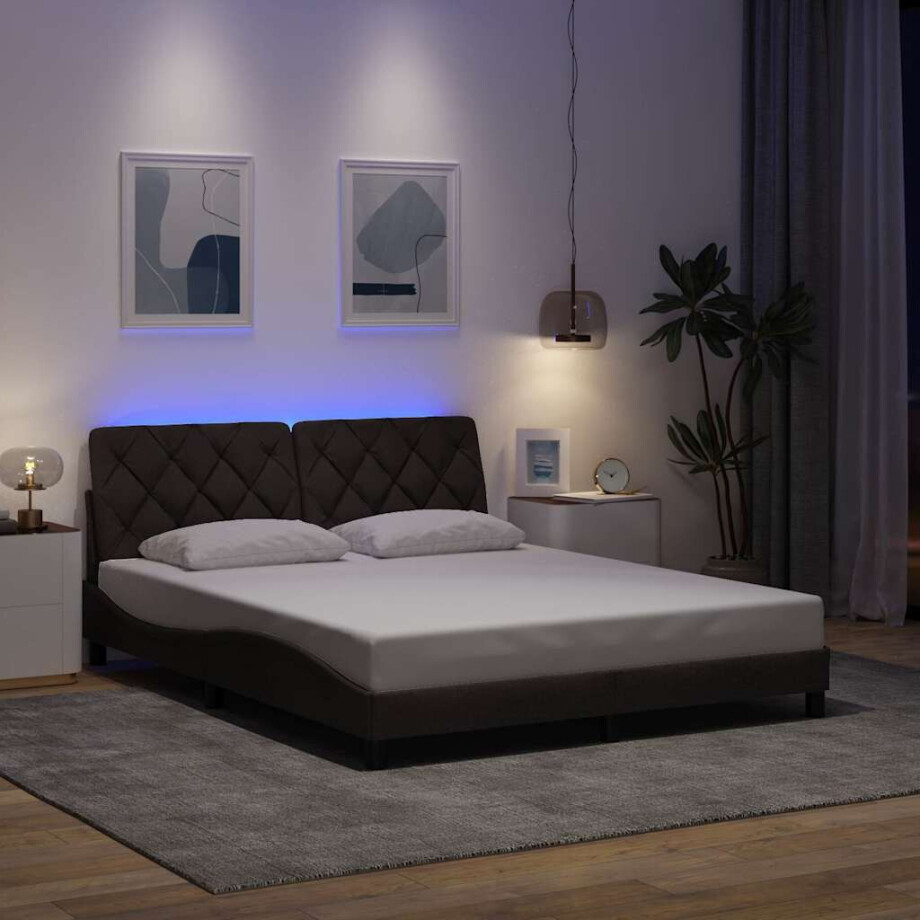 vidaXL Bedframe met LED zonder matras 160x200 cm stof donkerbruin afbeelding 1