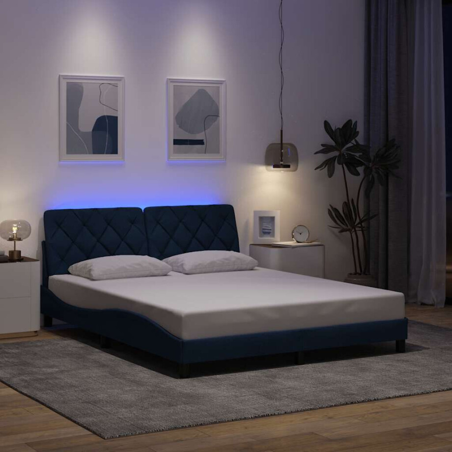 vidaXL Bedframe met LED zonder matras 160x200 cm stof blauw afbeelding 1