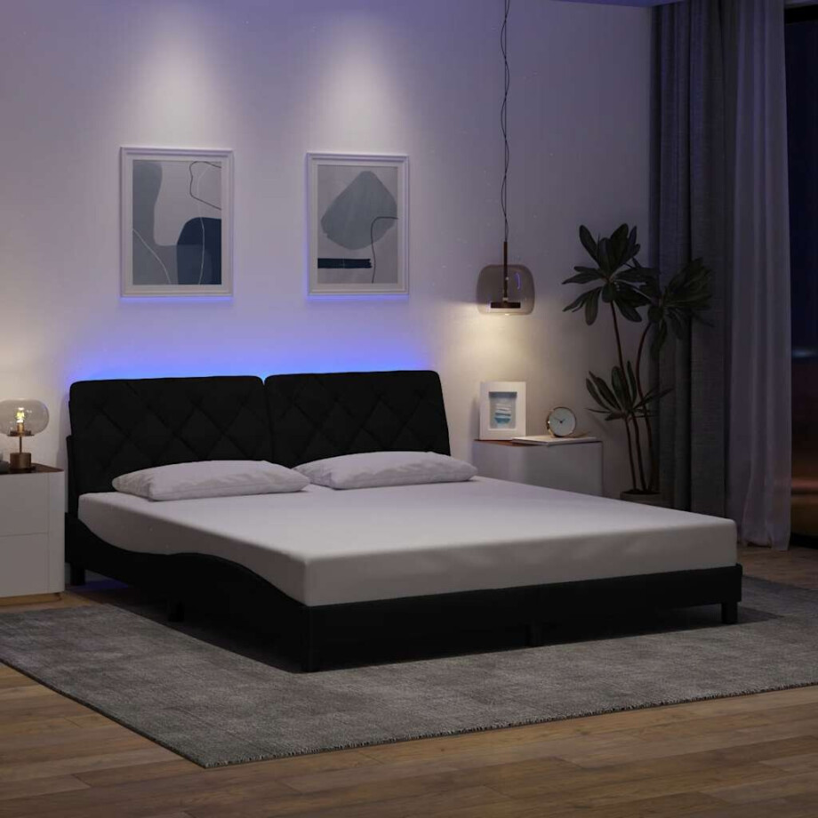vidaXL Bedframe met LED zonder matras 180x200 cm stof zwart afbeelding 1