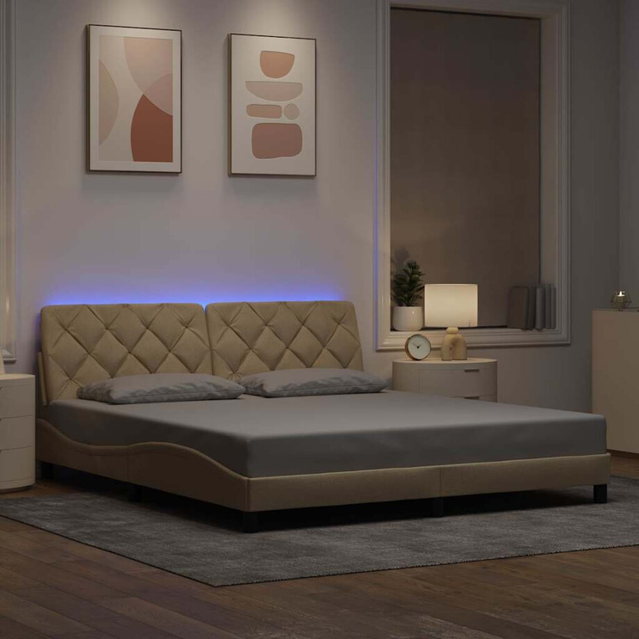vidaXL Bedframe met LED zonder matras 180x200 cm stof crème afbeelding 1