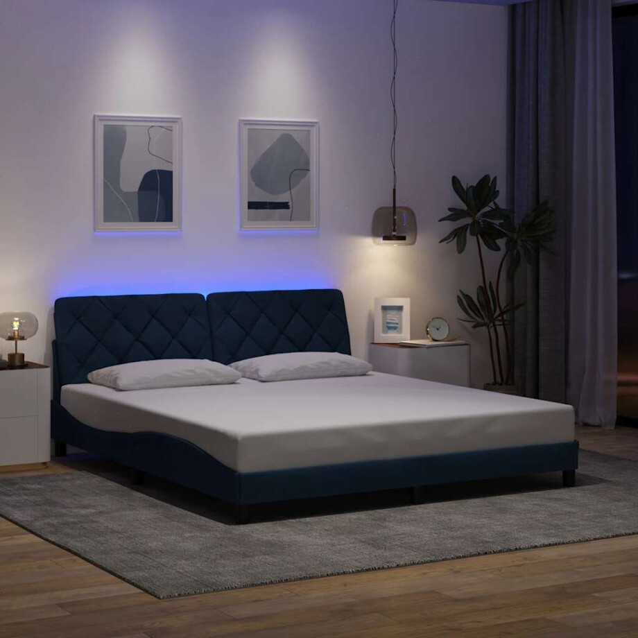 vidaXL Bedframe met LED zonder matras 180x200 cm stof blauw afbeelding 1