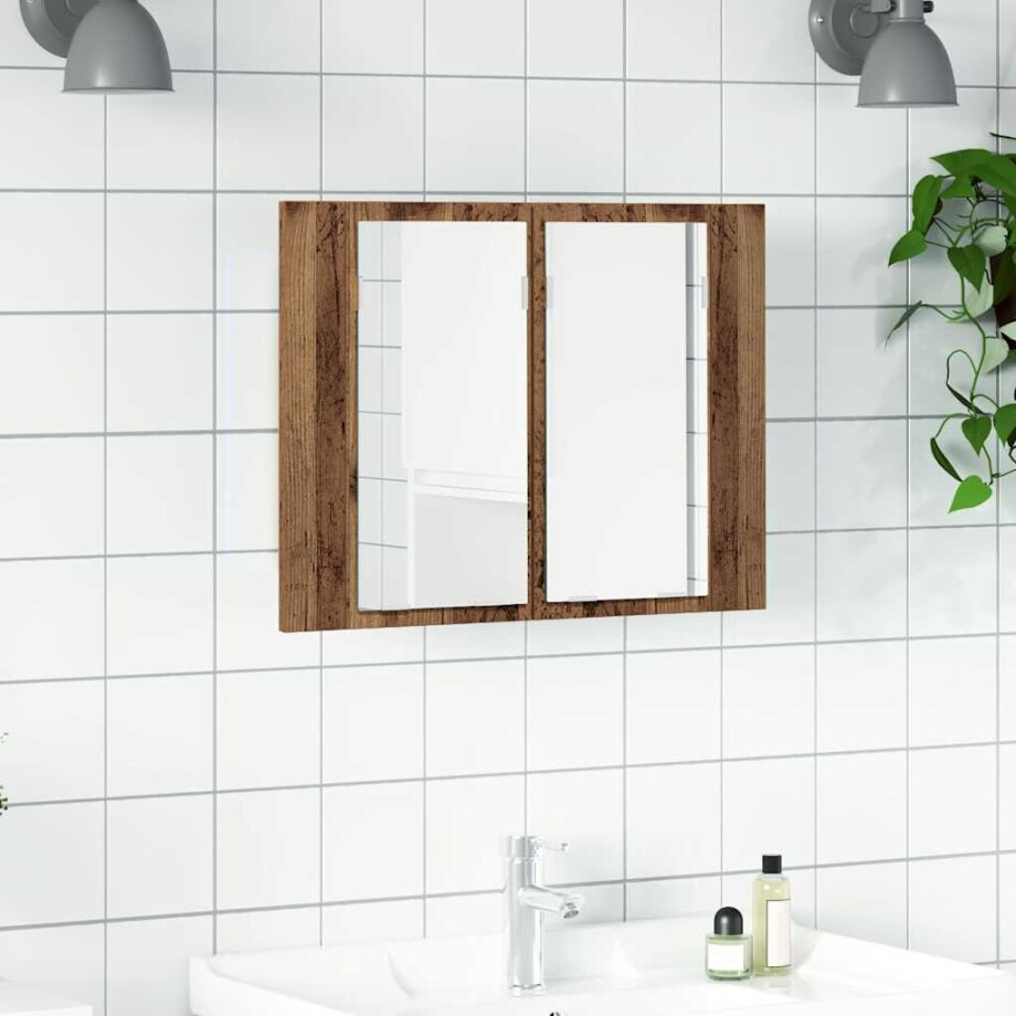 vidaXL Spiegelkast LED 60x12x45 cm bewerkt hout oud houtkleurig afbeelding 1