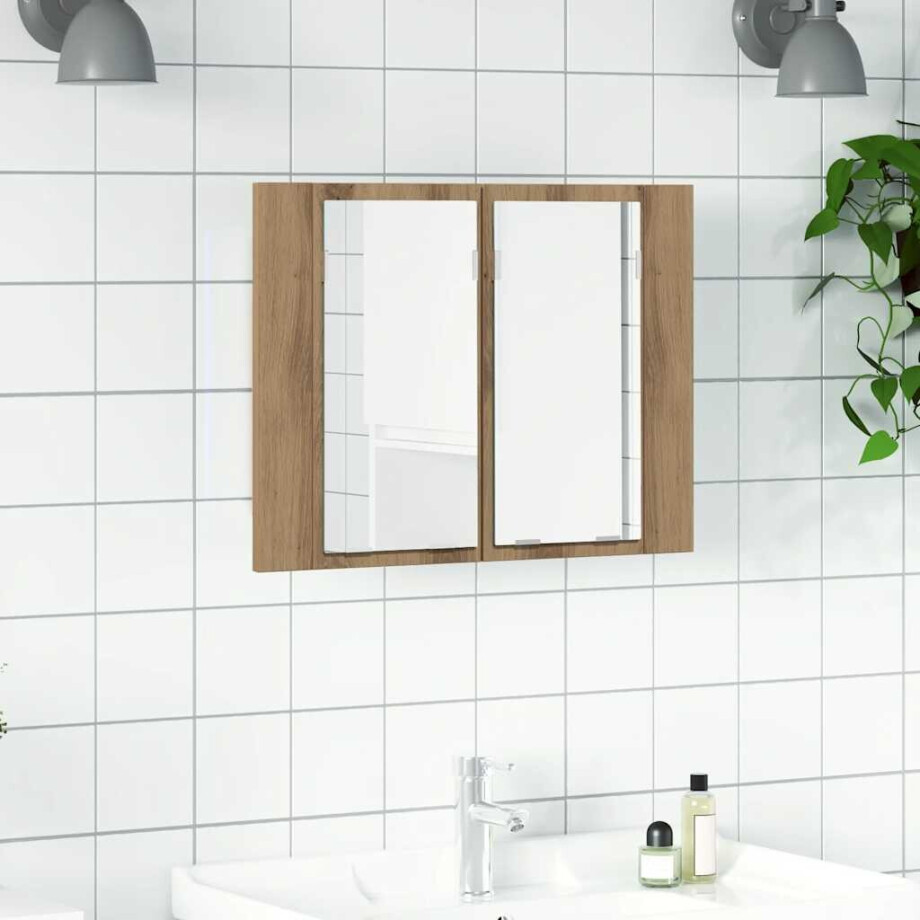 vidaXL Spiegelkast LED 60x12x45 cm bewerkt hout artisanaal eikenkleur afbeelding 1