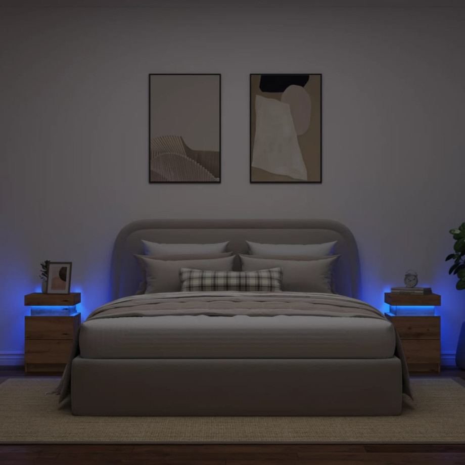 vidaXL Nachtkastjes 2 st met LED 35x39x55 cm hout artisanaal eiken afbeelding 1