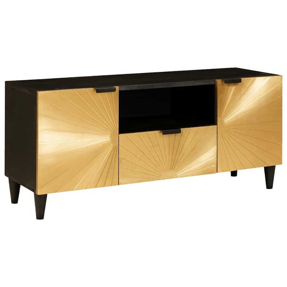 vidaXL TV-kast met lade met plank Zwart en Goud massief mangohout vidaXL TV-kast met lade met plank Zwart en Goud massief mangohout afbeelding 1