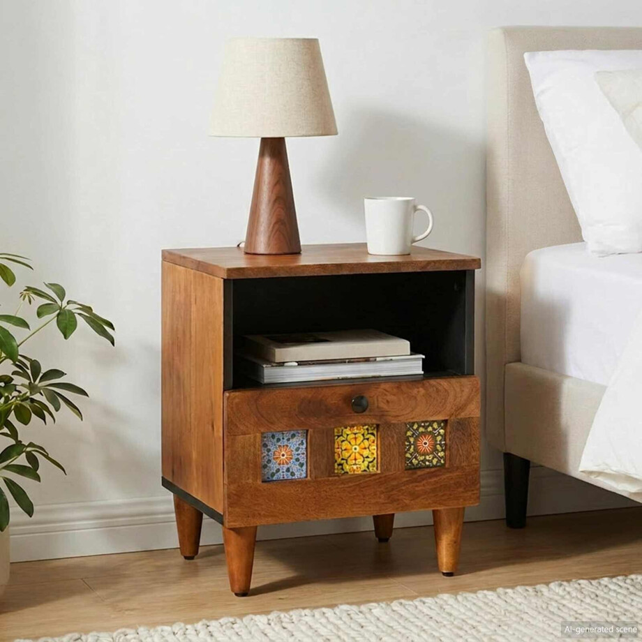 vidaXL Nachtkastje met lade Bruin 40 x 33 x 46 cm Massief Mango Hout afbeelding 1