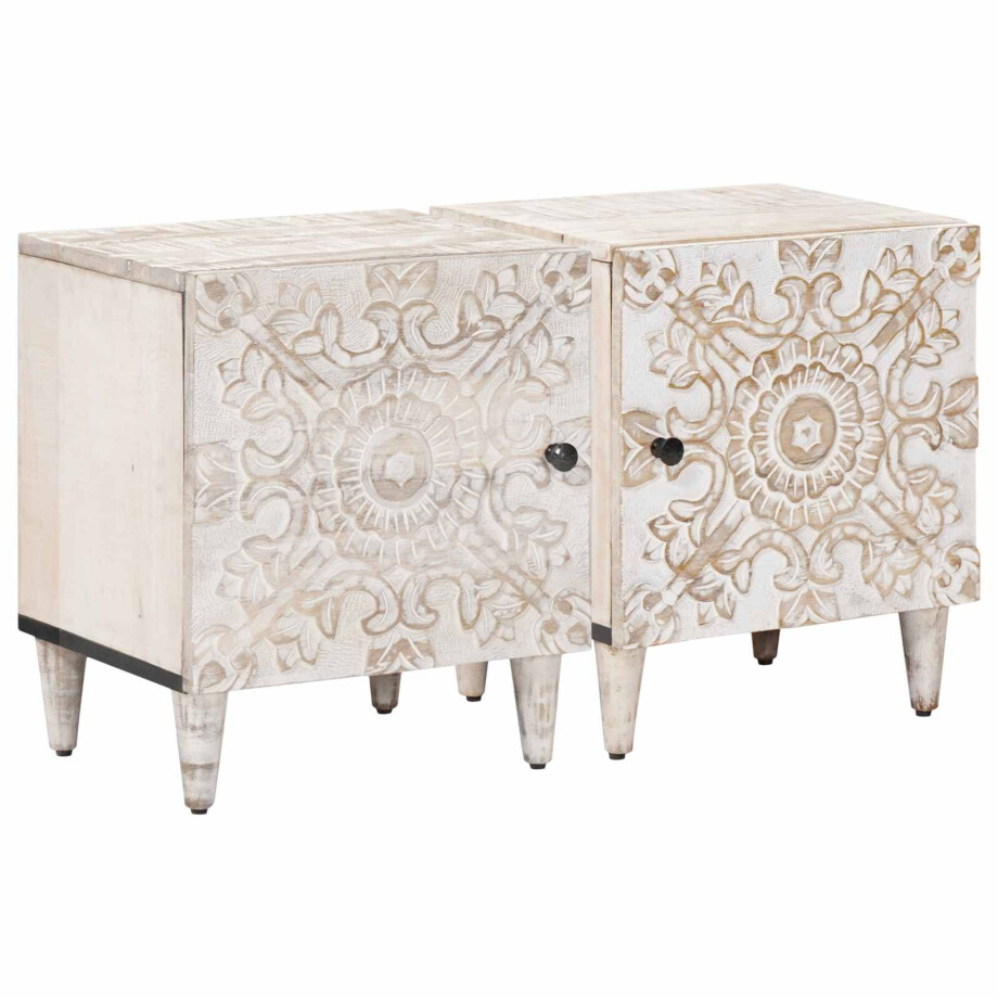 vidaXL Nachtkastje 2 pcs Wit 40 x 33,5 x 46 cm Massief Mango Hout afbeelding 1