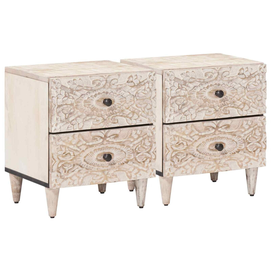 vidaXL Nachtkastje 2 pcs Wit 40 x 33,5 x 46 cm Massief Mango Hout afbeelding 1