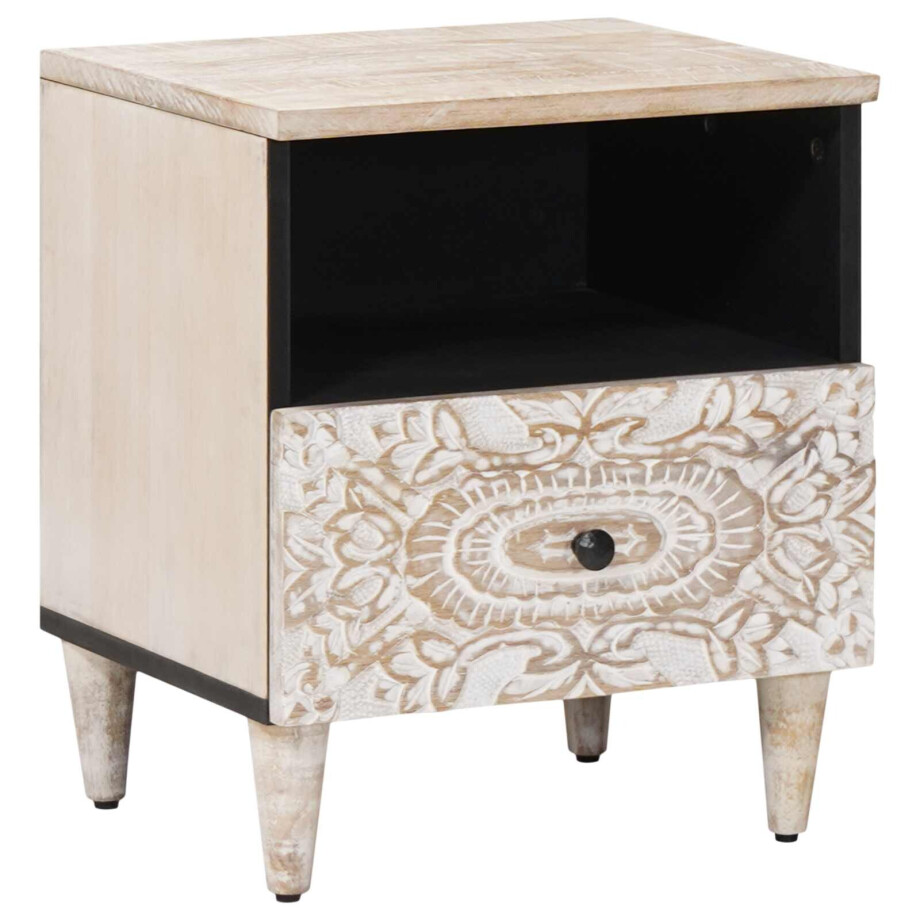 vidaXL Bed kast met lade Wit 40 x 33 x 46 cm Massief Mango Hout afbeelding 1