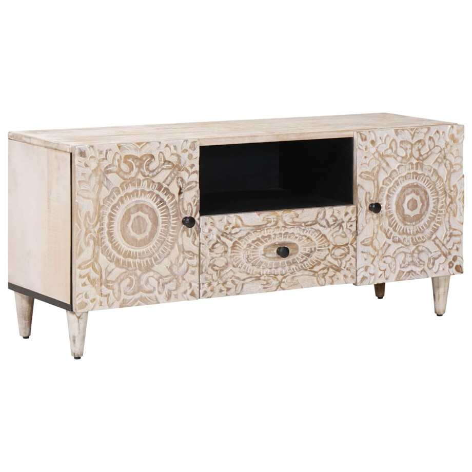 vidaXL TV-kast met lade Wit 105 x 33,5 x 46 cm Massief Mango Hout afbeelding 1