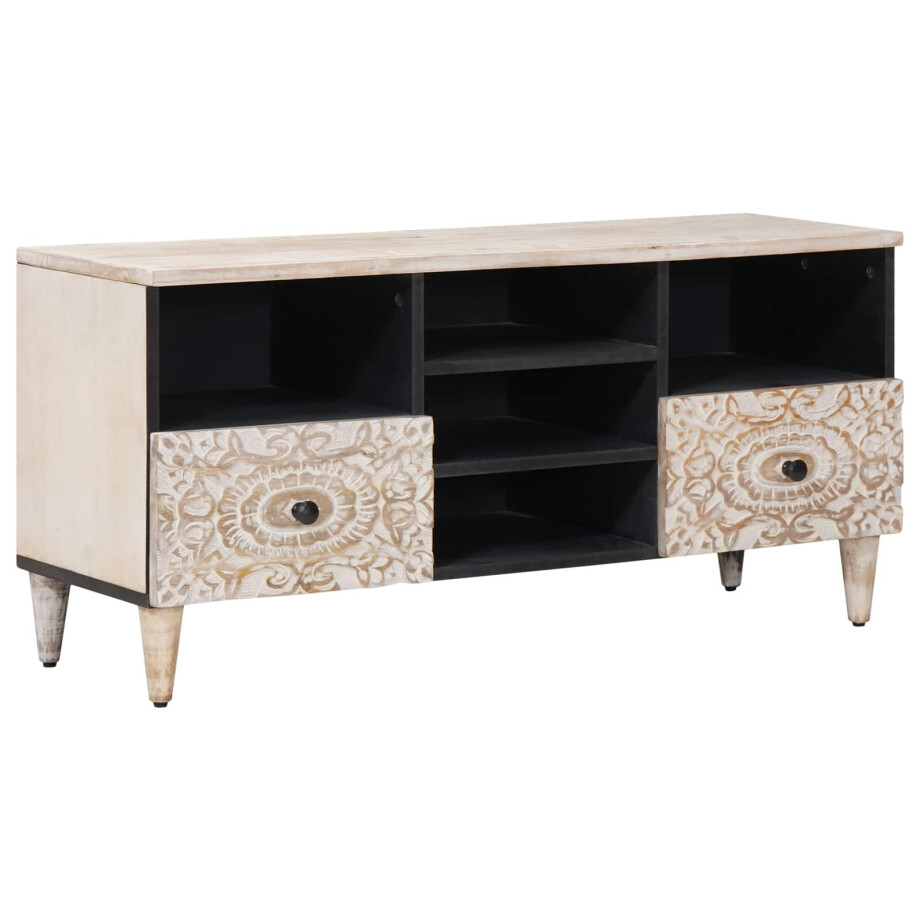 vidaXL TV-kast met lade Wit 100 x 33,5 x 46 cm Massief Mango Hout afbeelding 1