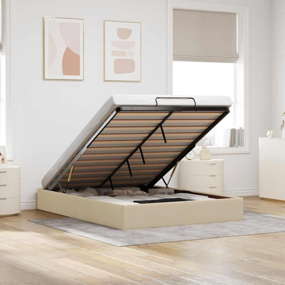 vidaXL Bedframe zonder matras 140x190 cm stof crèmekleurig afbeelding 1