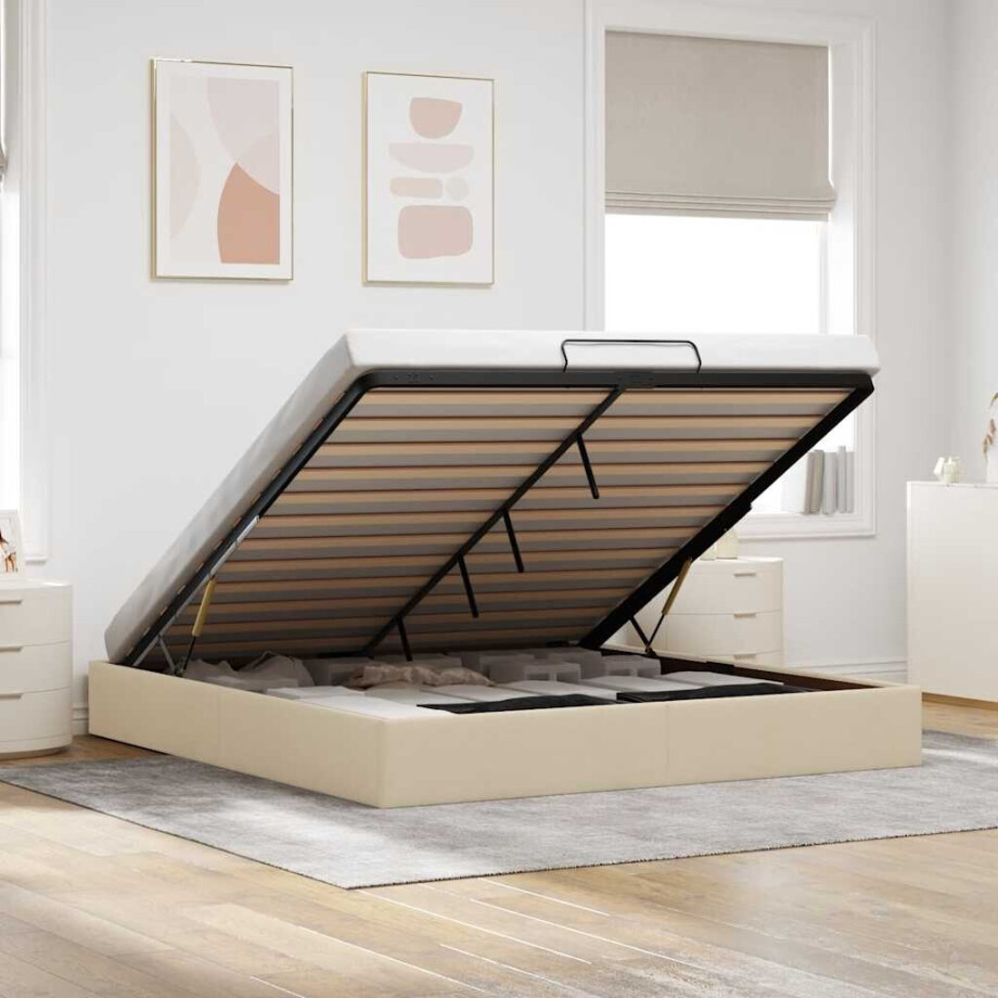 vidaXL Bedframe zonder matras 160x200 cm stof crèmekleurig afbeelding 1