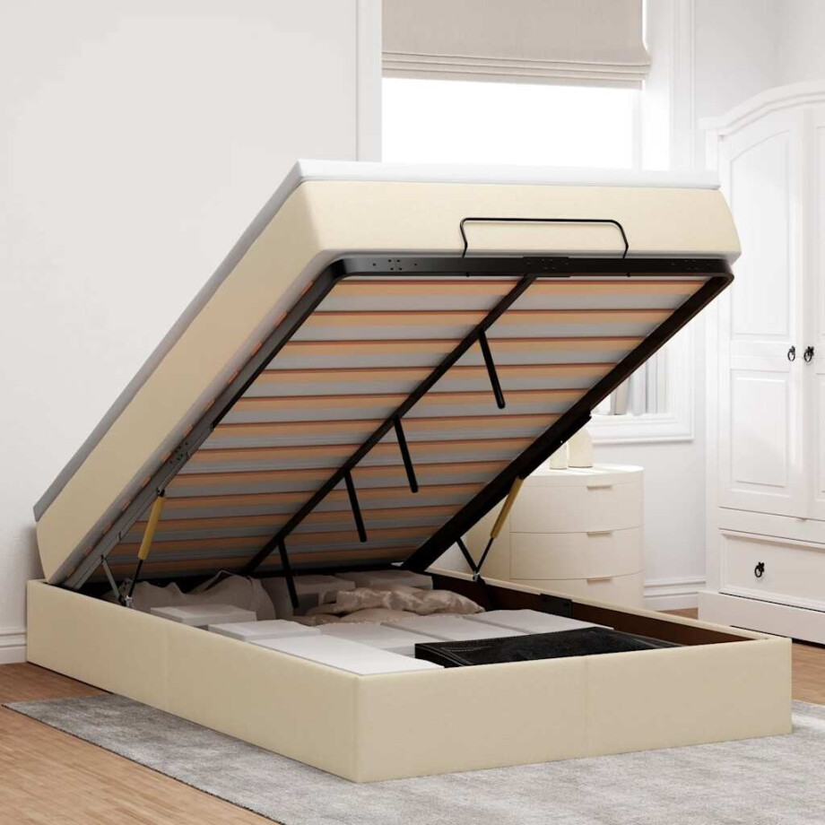 vidaXL Ottoman bed met matras 120x190 cm stof crèmekleurig afbeelding 1