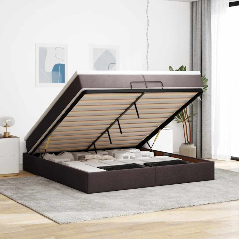 vidaXL Ottoman bed met matrassen 200x200cm stof donkerbruin vidaXL Ottoman bed met matrassen 200x200cm stof donkerbruin afbeelding 1
