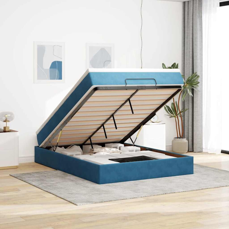 vidaXL Ottoman bed met matras 140x200cm fluweel donkerblauw afbeelding 1