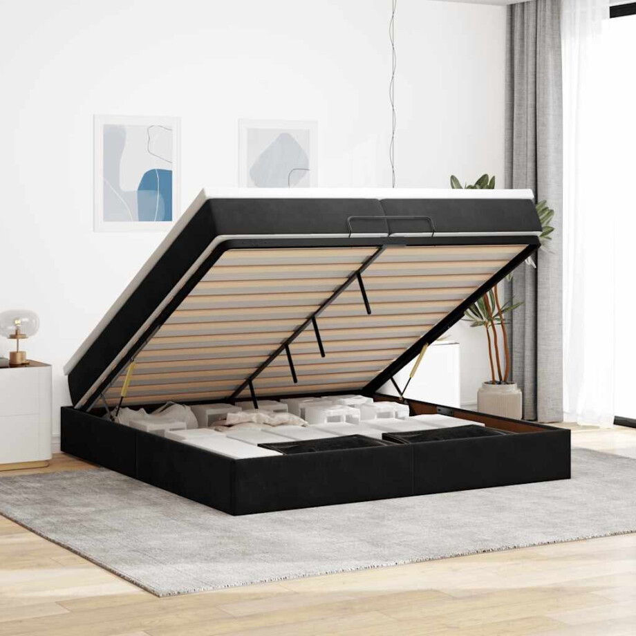 vidaXL Ottoman bed met matrassen 200x200cm fluweel zwart vidaXL Ottoman bed met matrassen 200x200cm fluweel zwart afbeelding 1