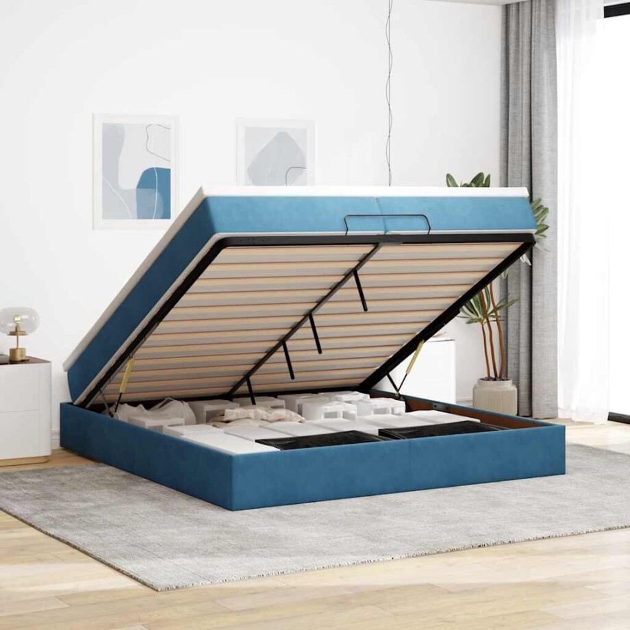 vidaXL Ottoman bed met matrassen 200x200cm fluweel donkerblauw vidaXL Ottoman bed met matrassen 200x200cm fluweel donkerblauw afbeelding 1