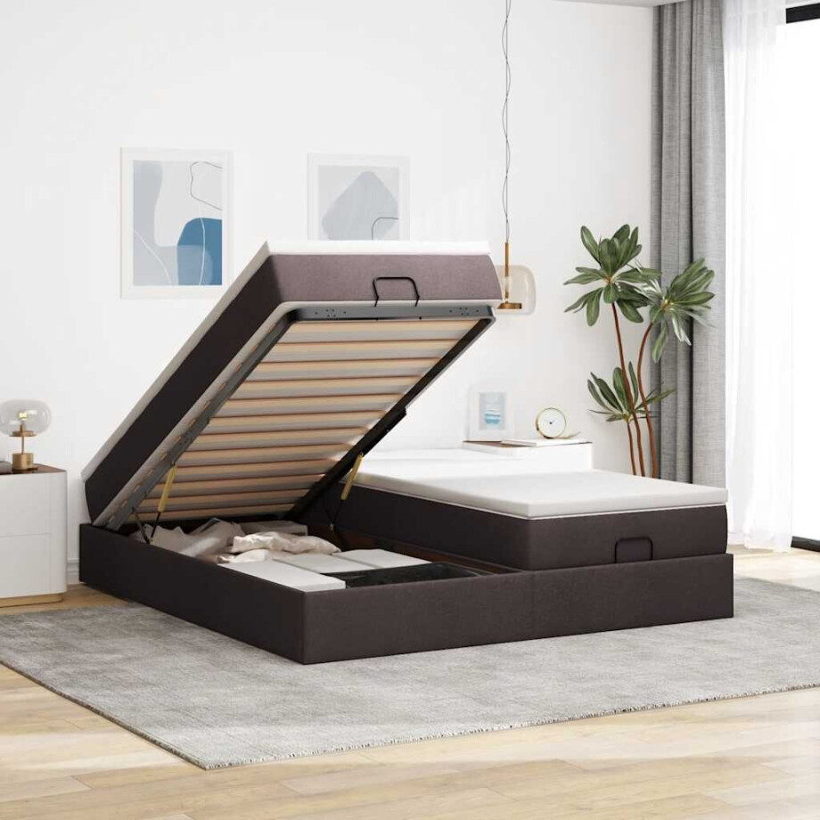 vidaXL Ottoman bed met matrassen 200x200cm stof donkerbruin vidaXL Ottoman bed met matrassen 200x200cm stof donkerbruin afbeelding 1