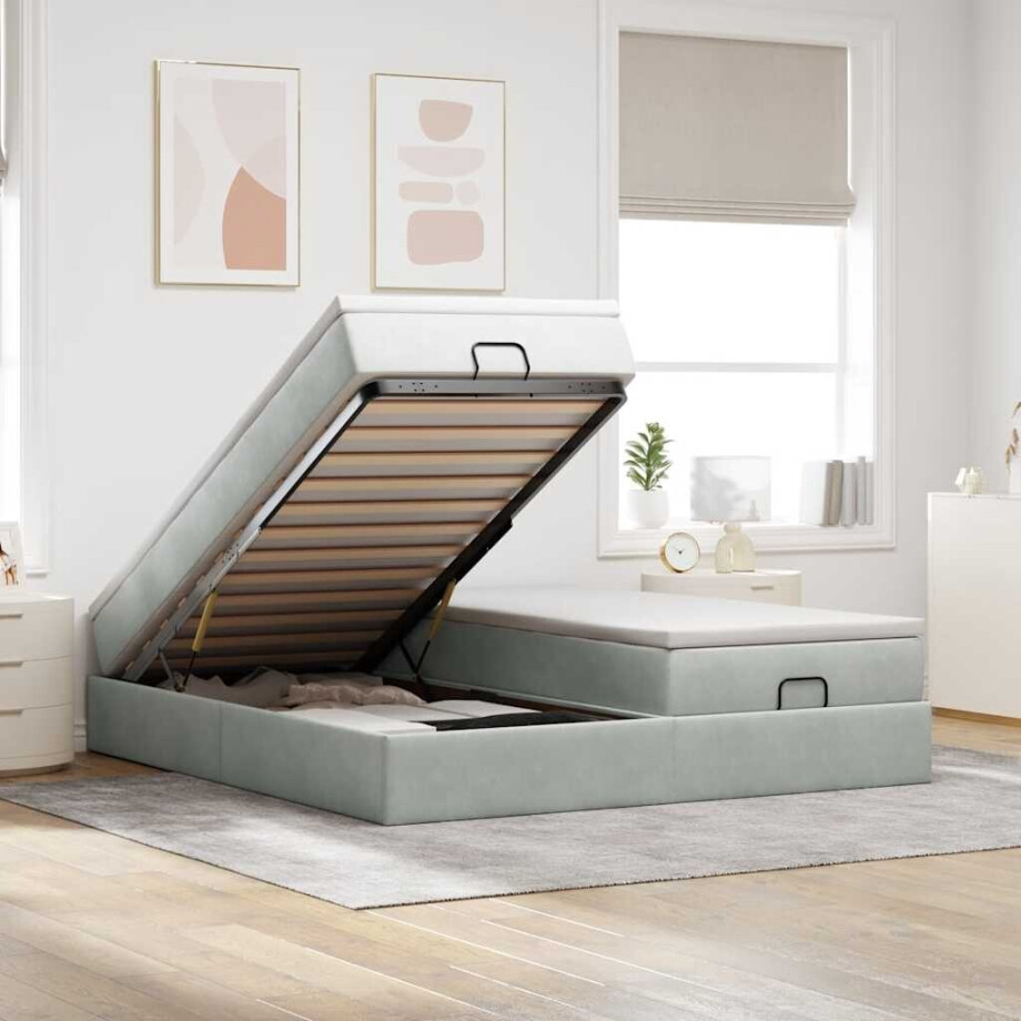 vidaXL Ottoman bed met matrassen 200x200cm fluweel lichtgrijs vidaXL Ottoman bed met matrassen 200x200cm fluweel lichtgrijs afbeelding 1