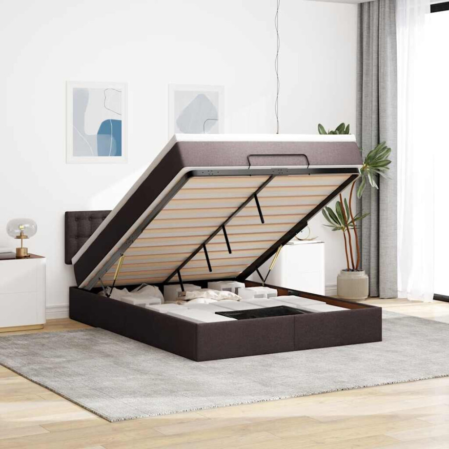 vidaXL Bed met matras 140x190 cm stof donkerbruin afbeelding 1