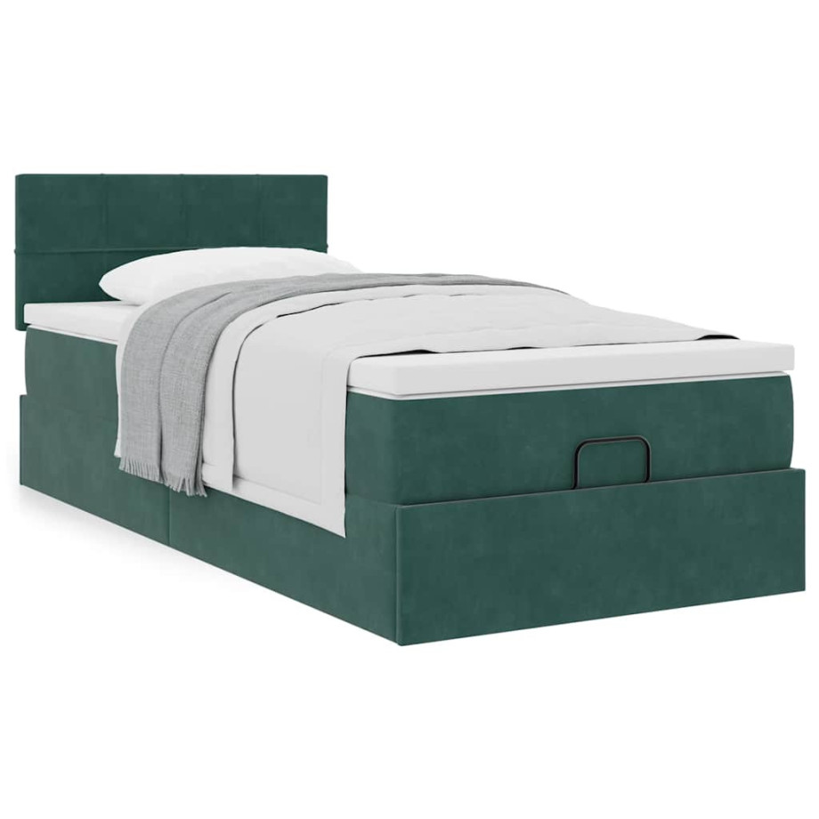 vidaXL Bedframe met matras 100x200 cm fluweel donkergroen afbeelding 1