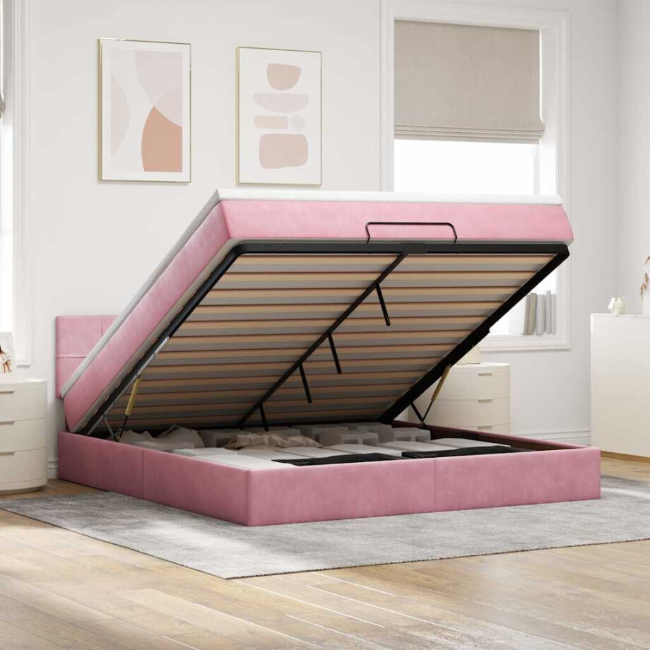 vidaXL Ottoman bed met matras 160x200cm fluweel roze afbeelding 1