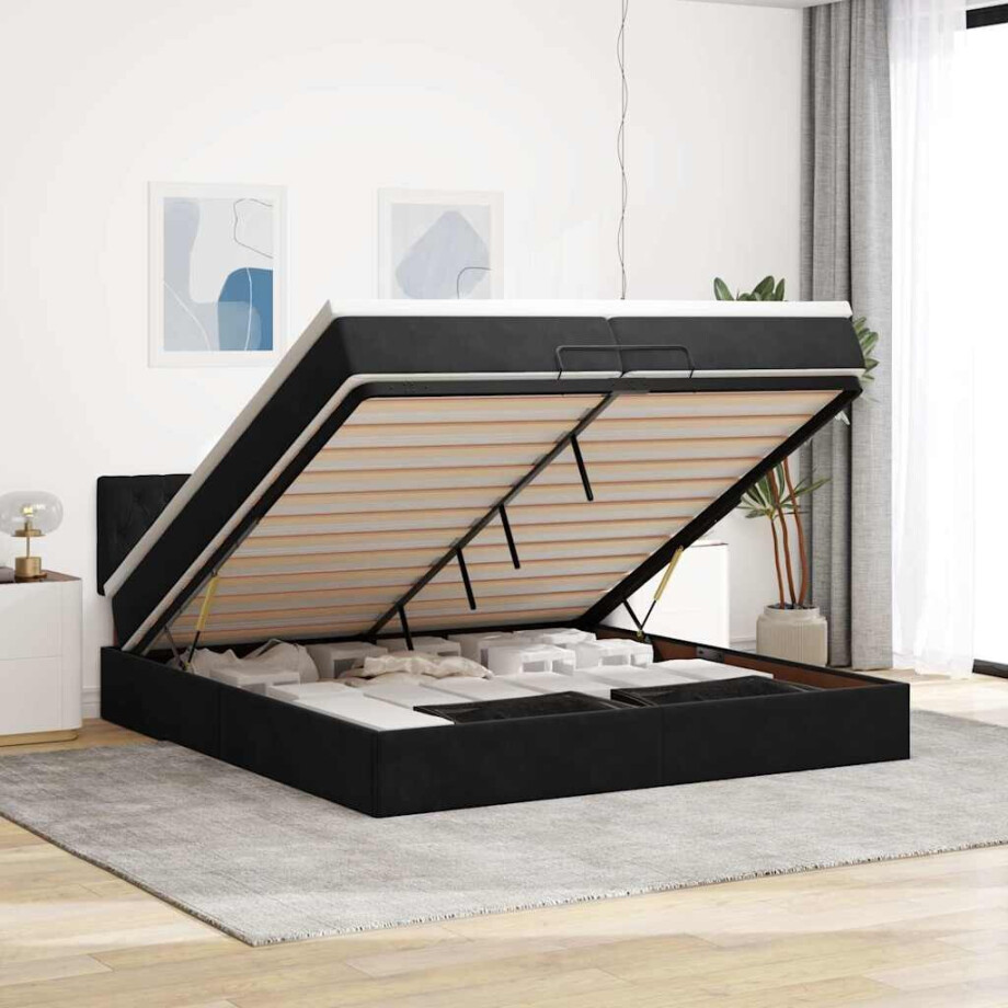 vidaXL Ottoman bed met matras 200x200 cm fluweel zwart vidaXL Ottoman bed met matras 200x200 cm fluweel zwart afbeelding 1