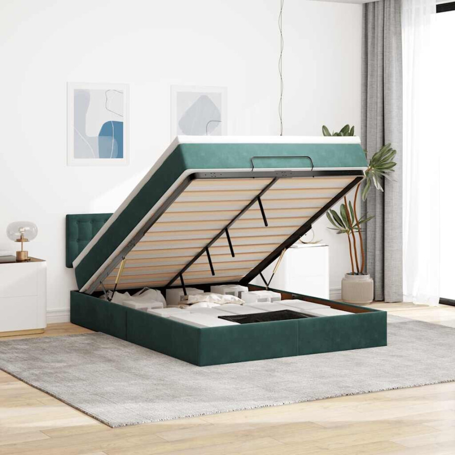 vidaXL Ottoman bed met matras 140x190cm fluweel donkergroen afbeelding 1