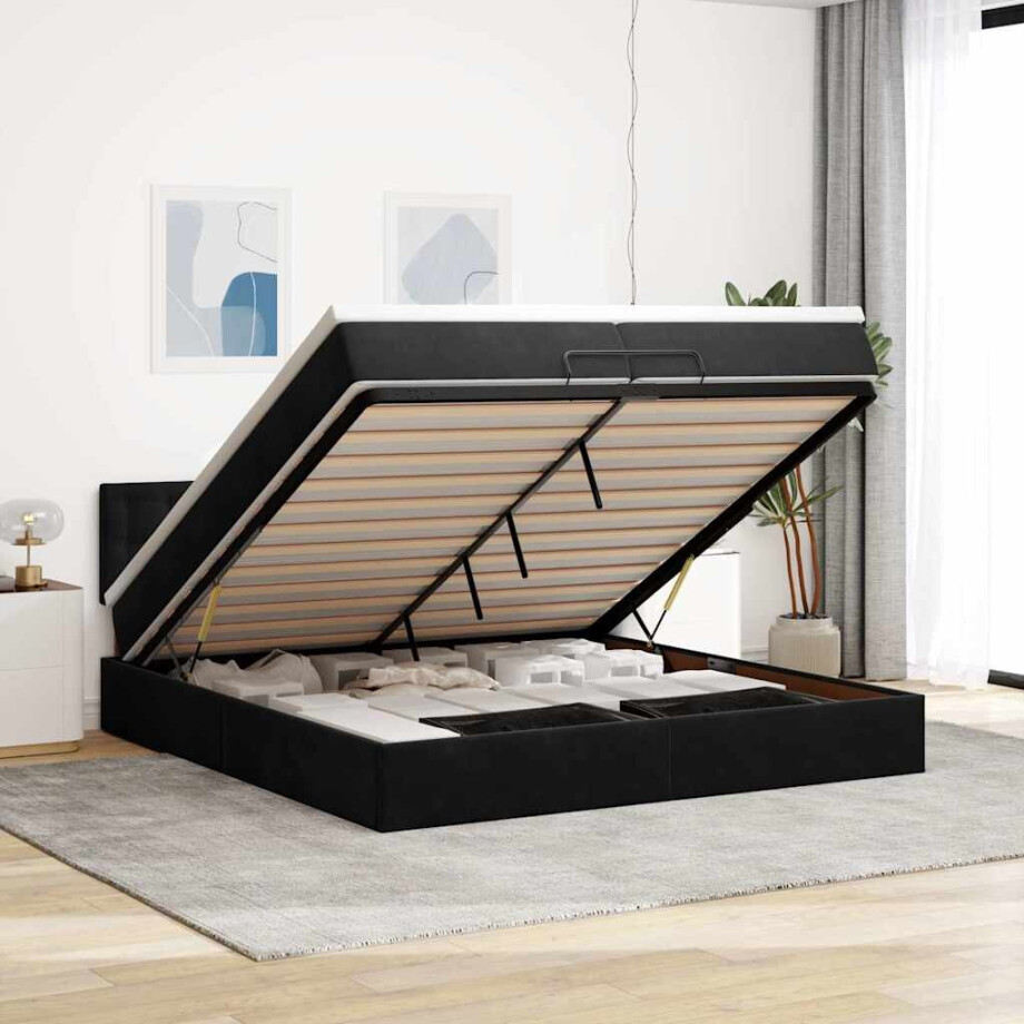 vidaXL Ottoman bed met matras 200x200 cm fluweel zwart vidaXL Ottoman bed met matras 200x200 cm fluweel zwart afbeelding 1