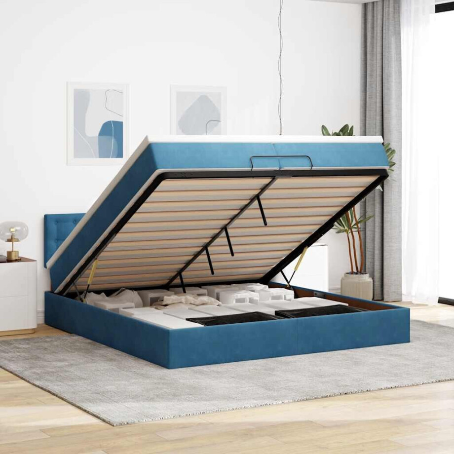 vidaXL Ottoman bed met matras 200x200 cm fluweel donkerblauw afbeelding 1