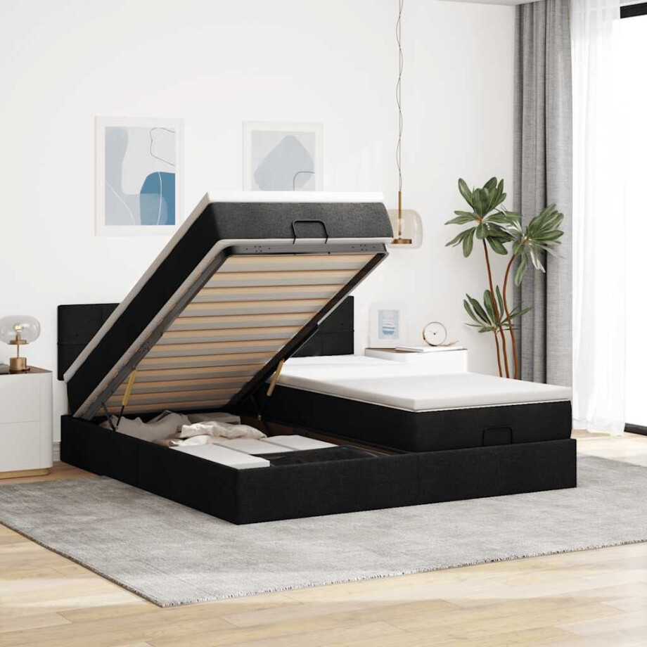 vidaXL Ottoman bed met matrassen 200x200cm stof zwart afbeelding 1