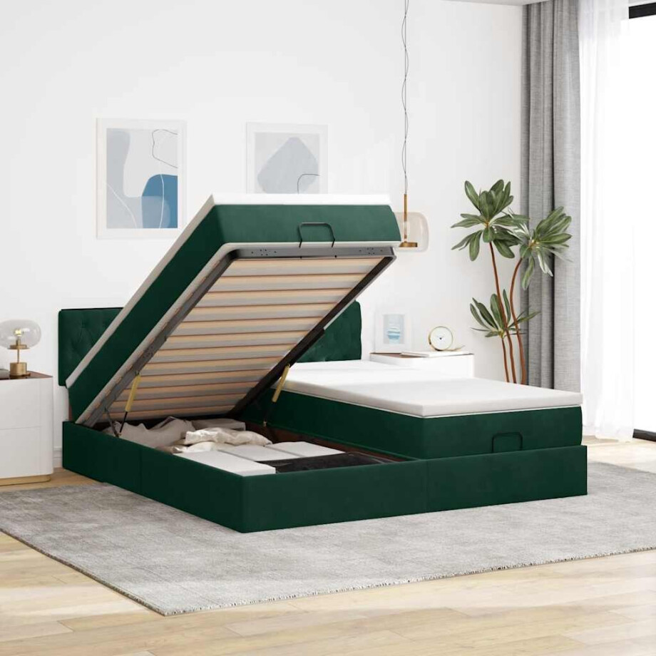 vidaXL Ottoman bed met matrassen 180x200cm fluweel donkergroen vidaXL Ottoman bed met matrassen 180x200cm fluweel donkergroen afbeelding 1