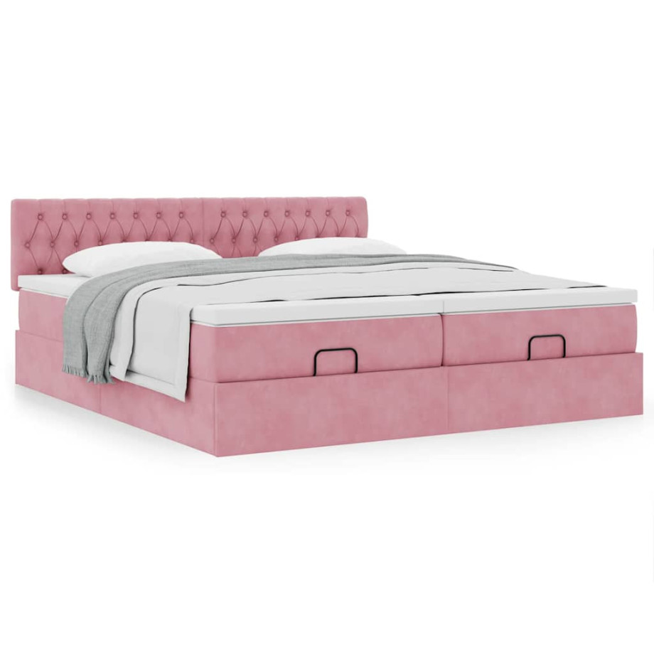 vidaXL Bedframe met matrassen 200x200cm fluweel roze afbeelding 1